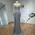 Luxury Silver Crystal Beaded Long Sleeve Evening Dress LA73167