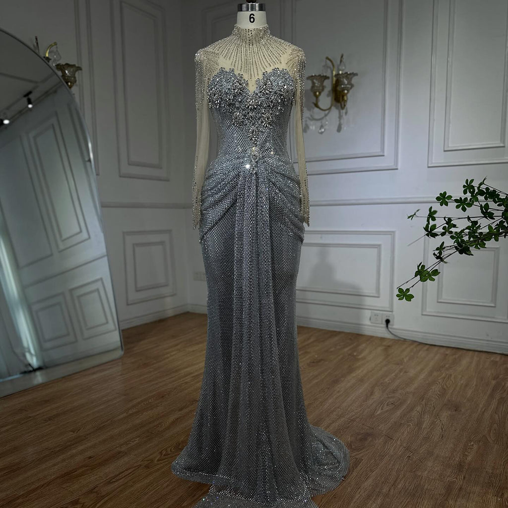 Luxury Silver Crystal Beaded Long Sleeve Evening Dress LA73167