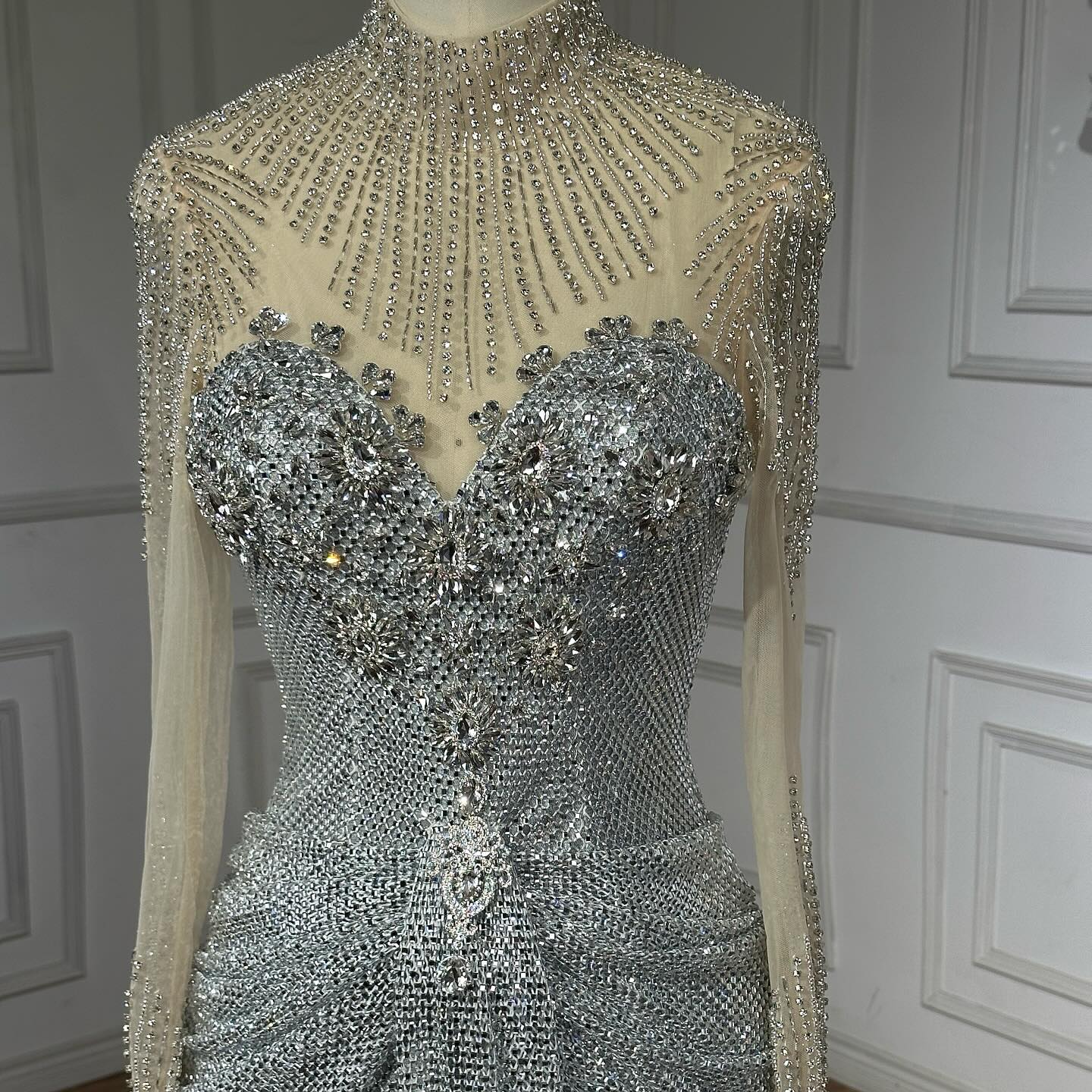 Luxury Silver Crystal Beaded Long Sleeve Evening Dress LA73167