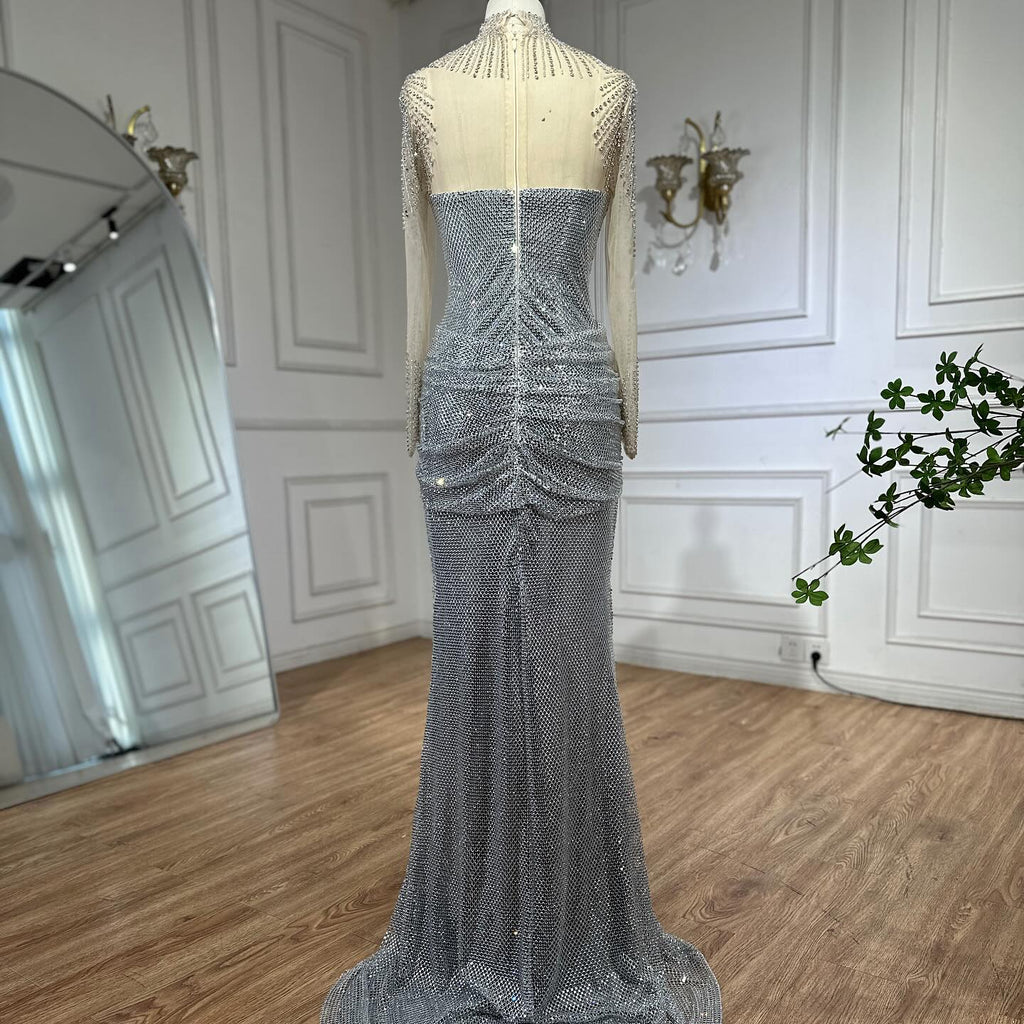 Luxury Silver Crystal Beaded Long Sleeve Evening Dress LA73167