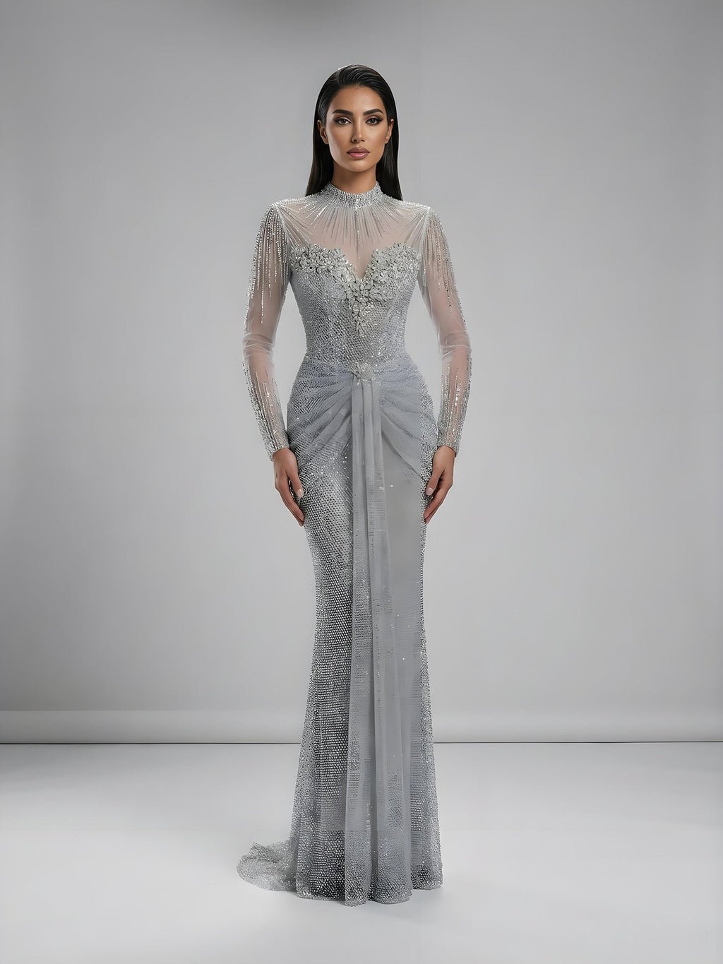 Luxury Silver Crystal Beaded Long Sleeve Evening Dress LA73167