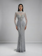 Luxury Silver Crystal Beaded Long Sleeve Evening Dress LA73167