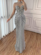 Luxury Silver Crystal Beaded Long Sleeve Evening Dress LA73167
