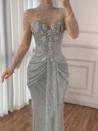 Luxury Silver Crystal Beaded Long Sleeve Evening Dress LA73167
