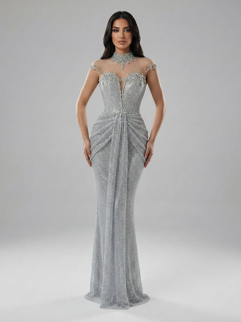 Luxury Silver Crystal Beaded Mermaid Evening Dress LA73167A