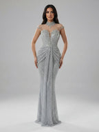 Luxury Silver Crystal Beaded Mermaid Evening Dress LA73167A