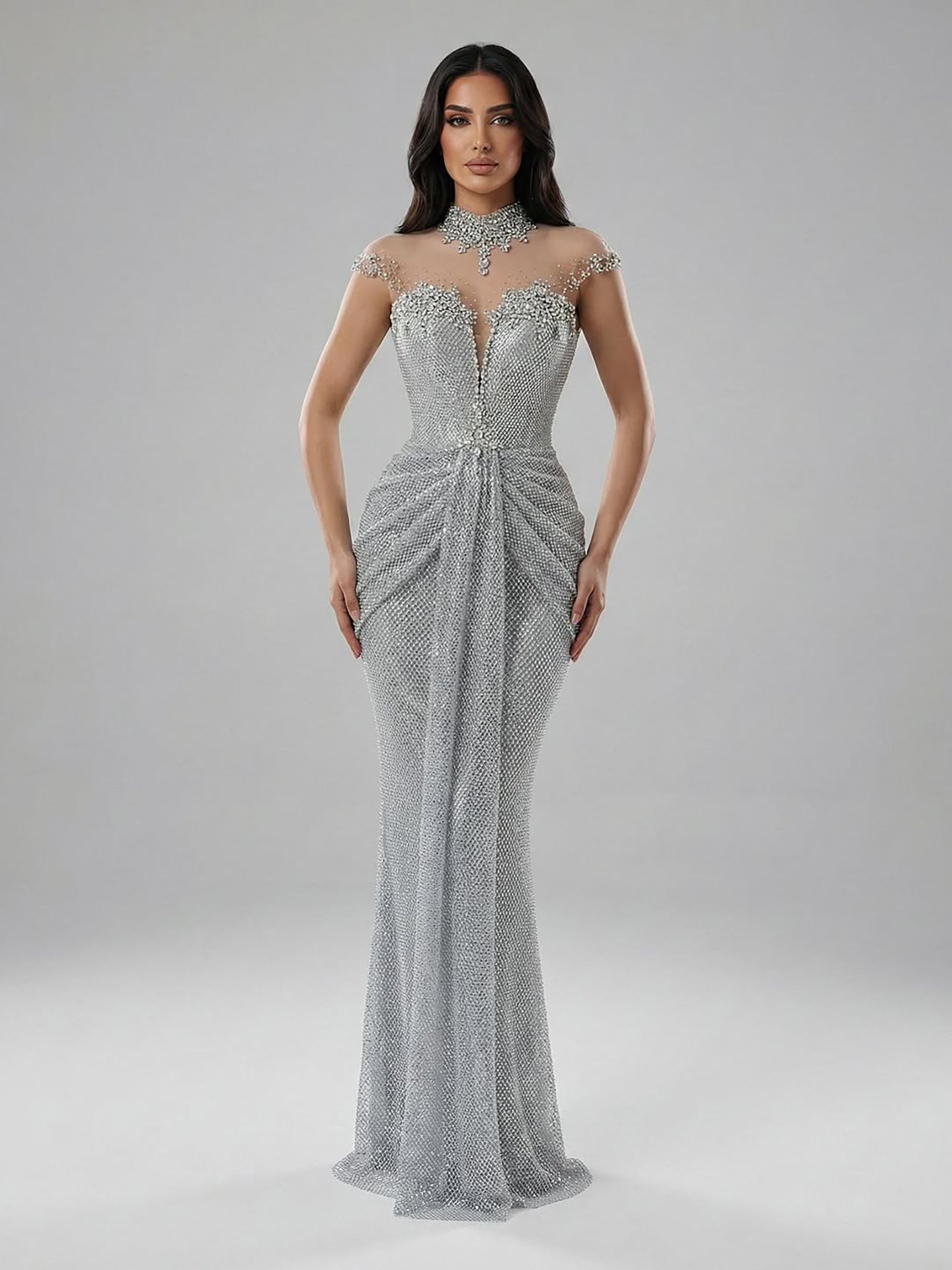 Luxury Silver Crystal Beaded Mermaid Evening Dress LA73167A