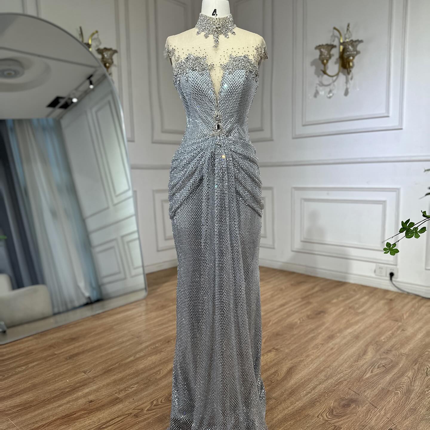 Luxury Silver Crystal Beaded Mermaid Evening Dress LA73167A