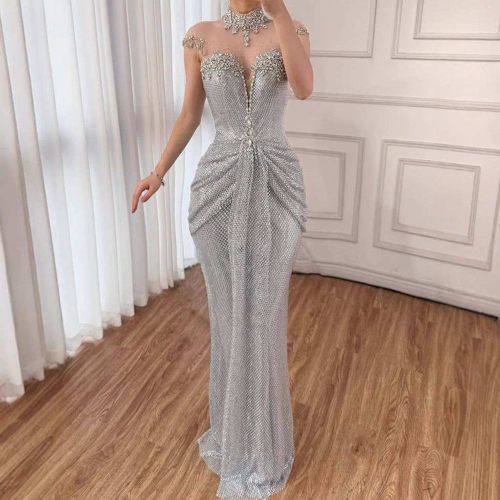 Luxury Silver Crystal Beaded Mermaid Evening Dress LA73167A