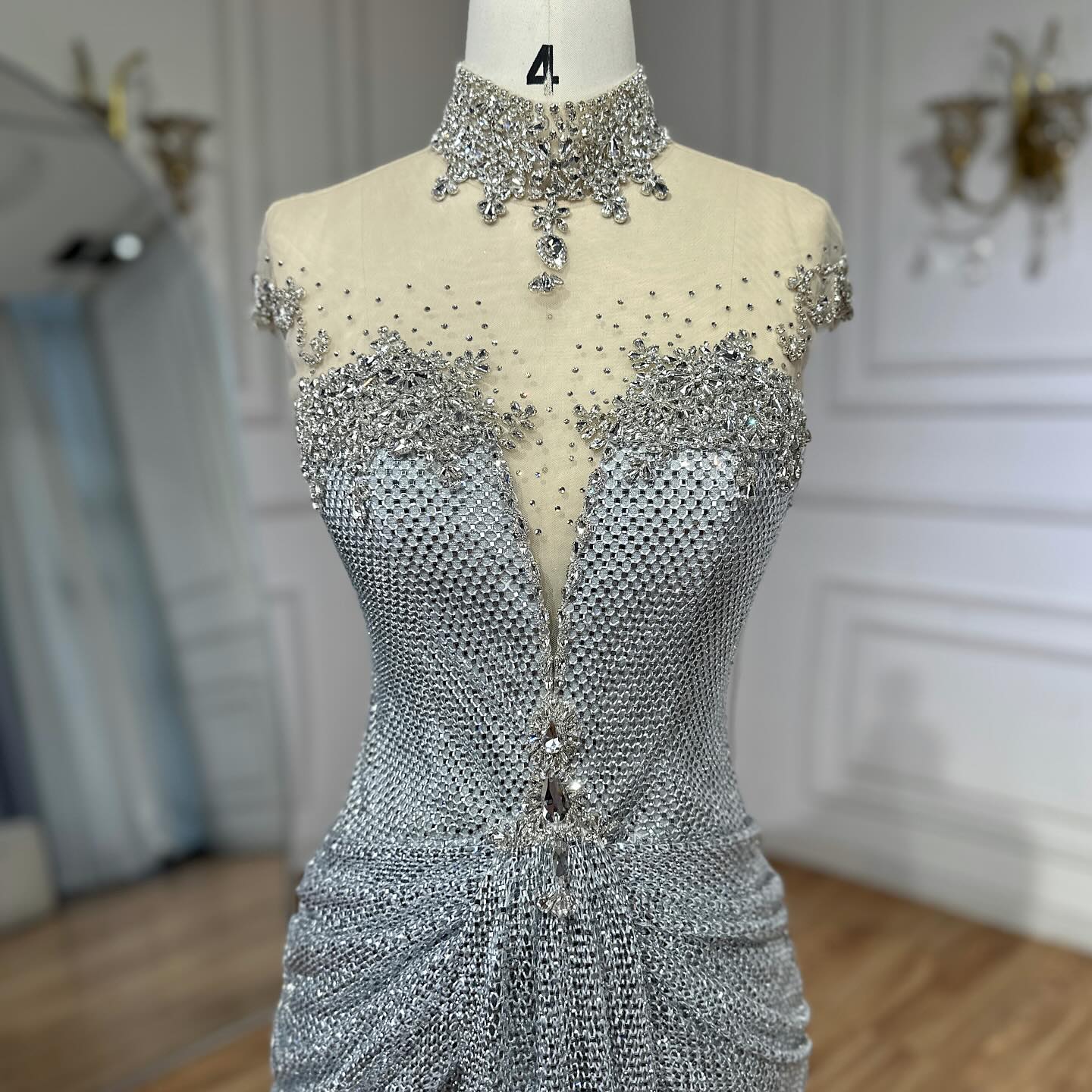 Luxury Silver Crystal Beaded Mermaid Evening Dress LA73167A