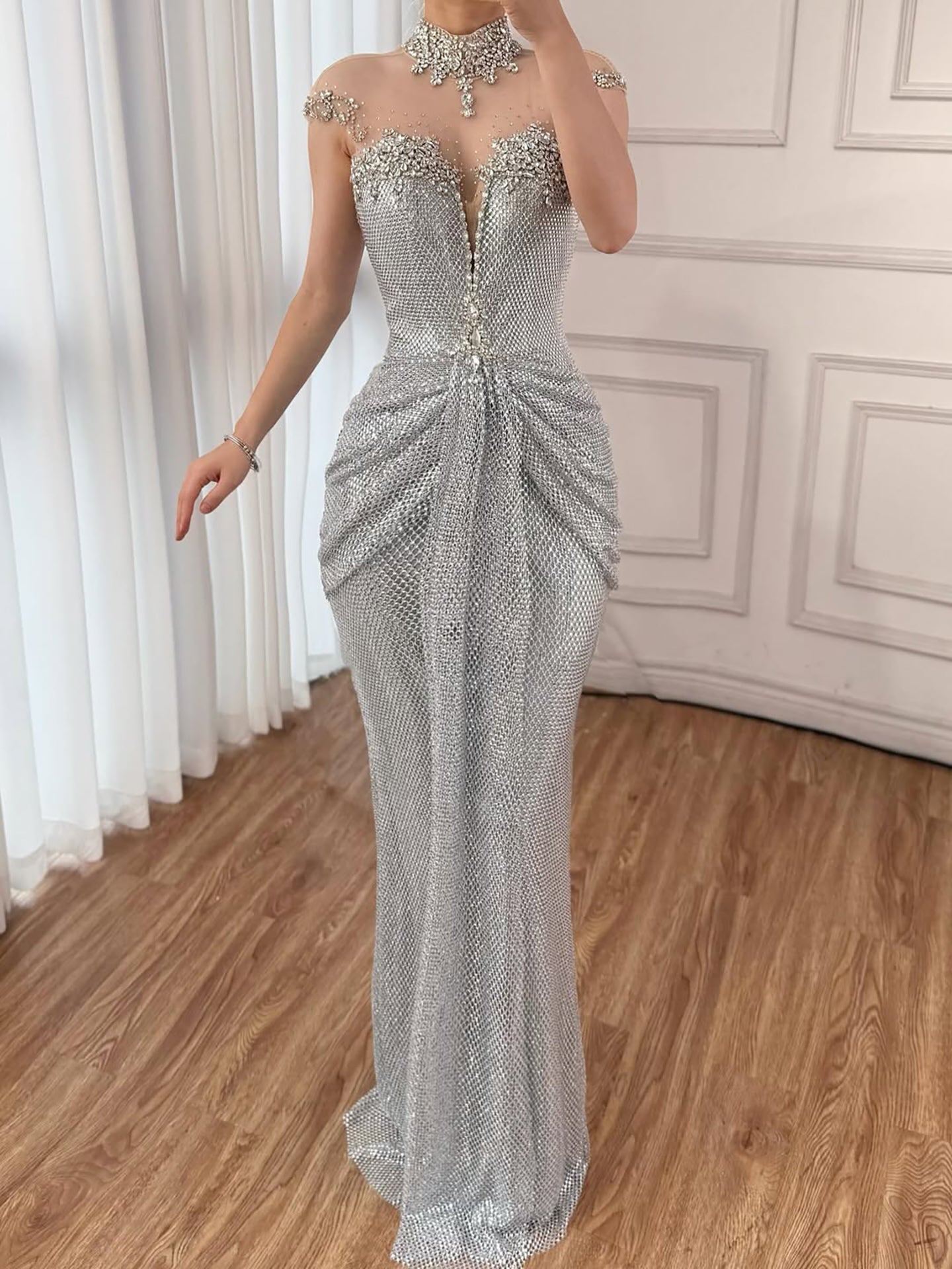 Luxury Silver Crystal Beaded Mermaid Evening Dress LA73167A