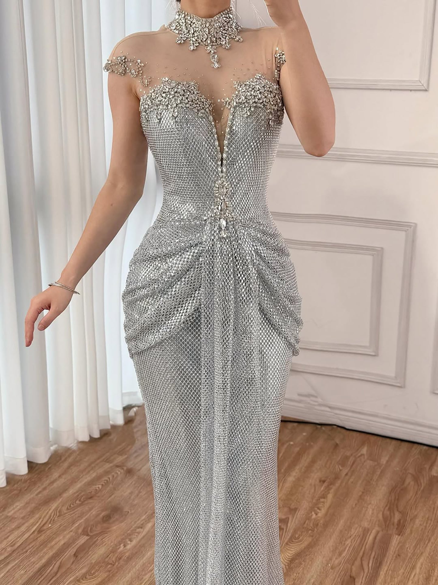Luxury Silver Crystal Beaded Mermaid Evening Dress LA73167A