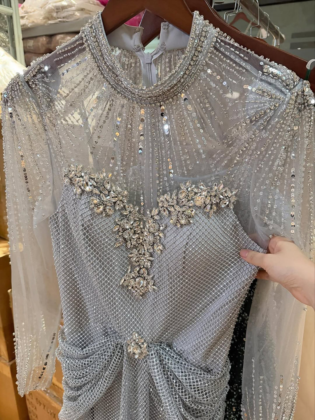 Luxury Silver Crystal Beaded Long Sleeve Evening Dress CLA73167B