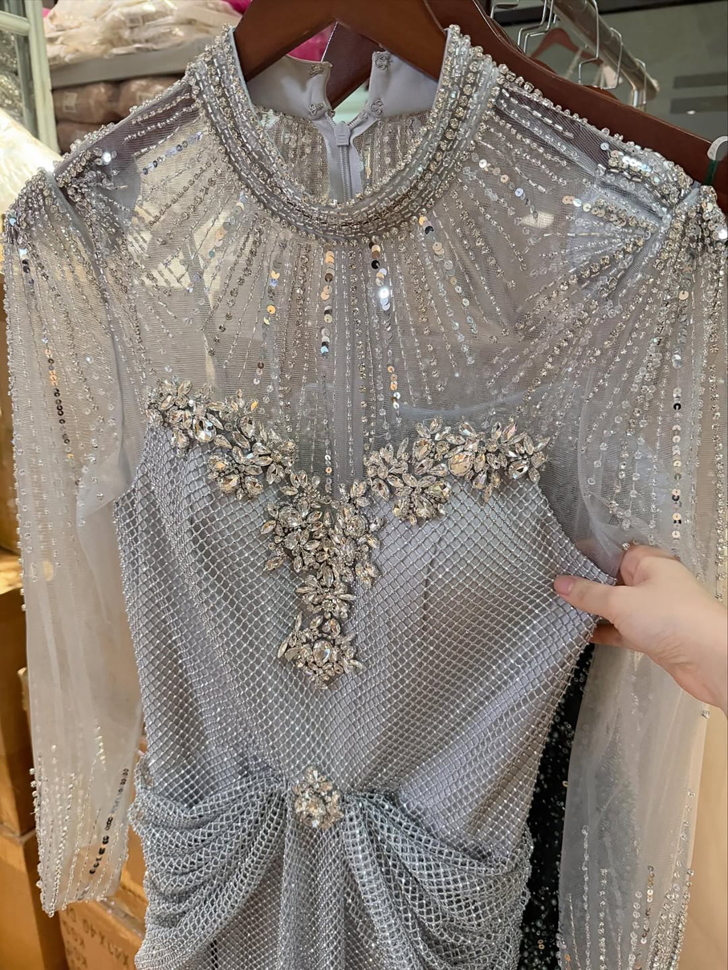 Luxury Silver Crystal Beaded Long Sleeve Evening Dress CLA73167B