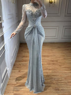 Luxury Silver Crystal Beaded Long Sleeve Evening Dress CLA73167B