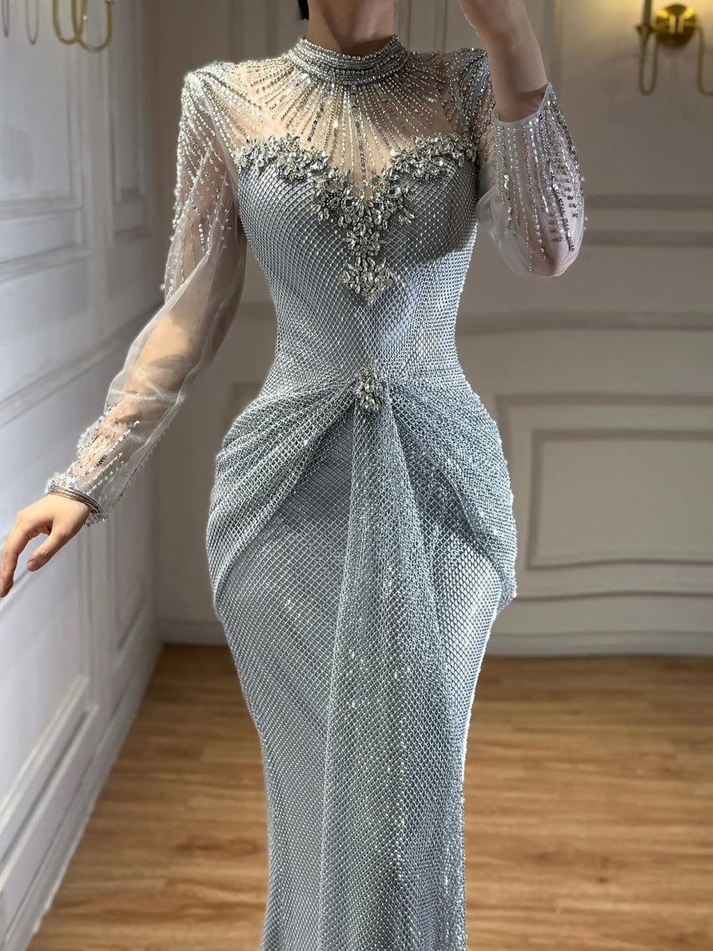 Luxury Silver Crystal Beaded Long Sleeve Evening Dress CLA73167B