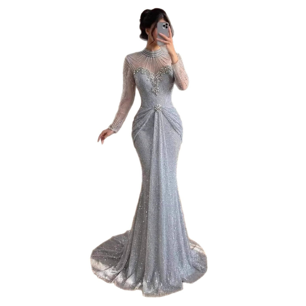 Luxury Silver Crystal Beaded Long Sleeve Evening Dress CLA73167B