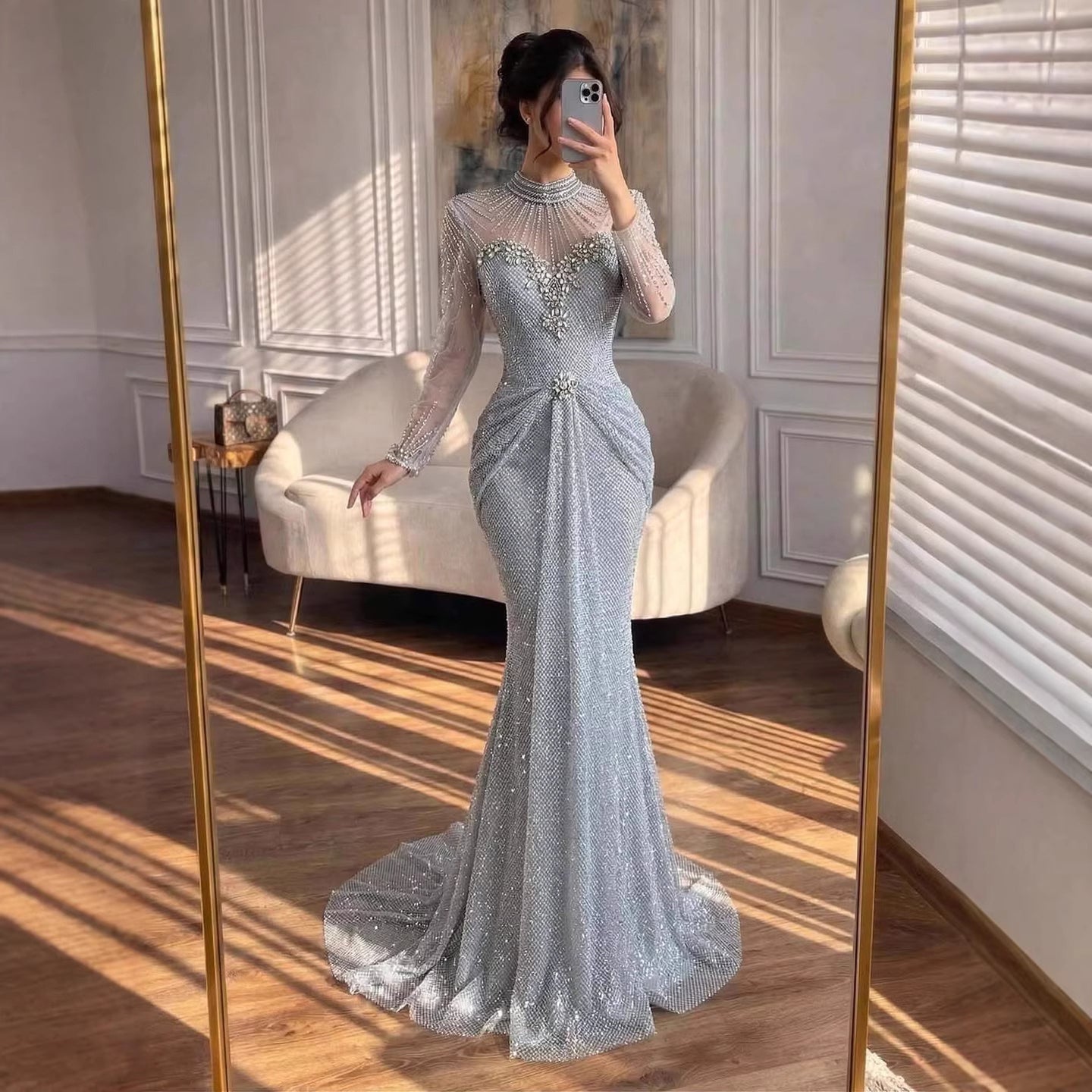 Luxury Silver Crystal Beaded Long Sleeve Evening Dress CLA73167B