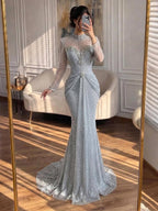 Luxury Silver Crystal Beaded Long Sleeve Evening Dress CLA73167B