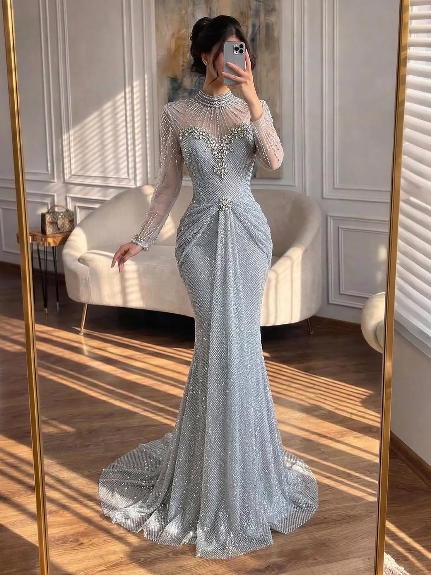 Luxury Silver Crystal Beaded Long Sleeve Evening Dress CLA73167B
