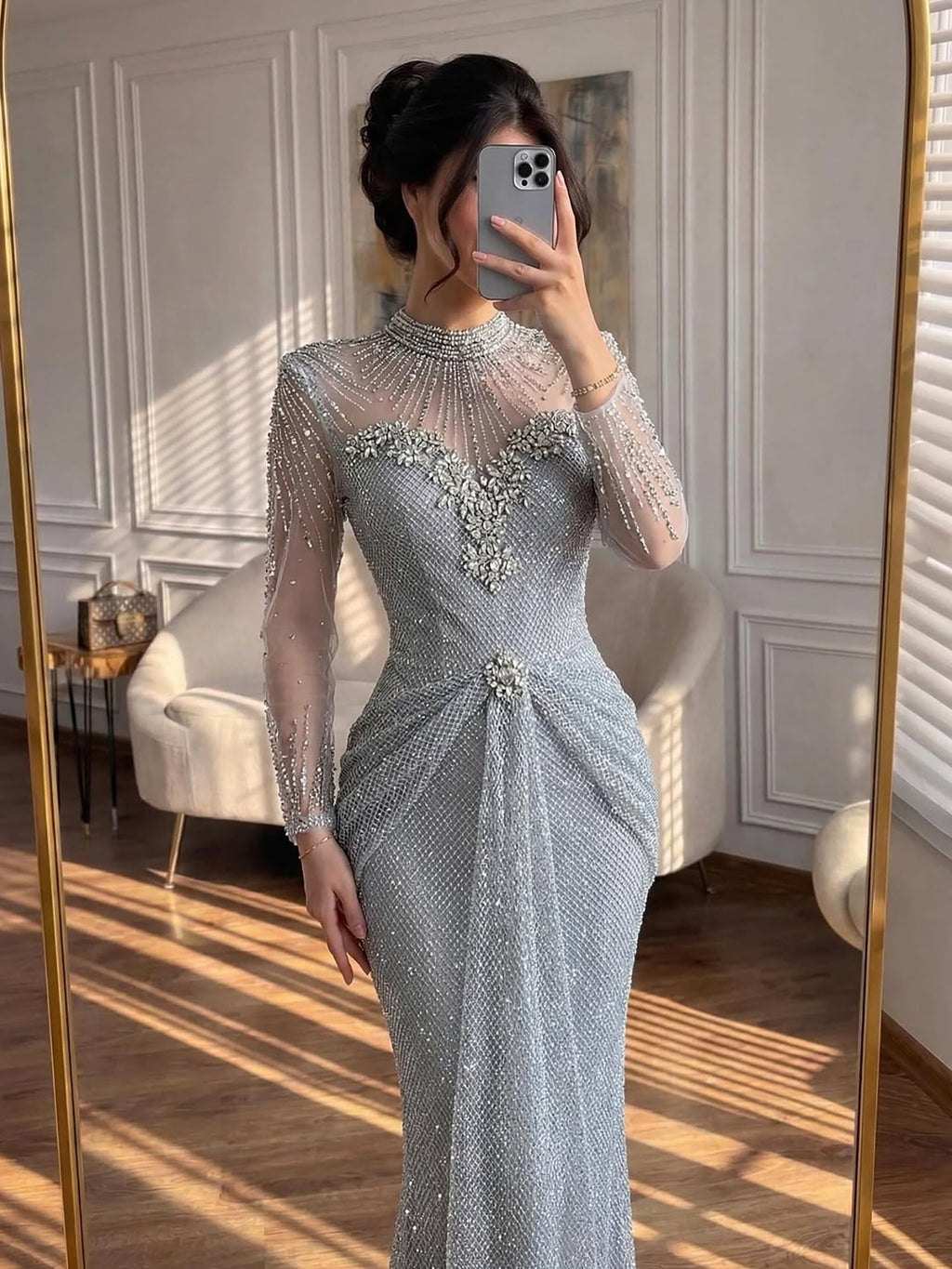 Luxury Silver Crystal Beaded Long Sleeve Evening Dress CLA73167B