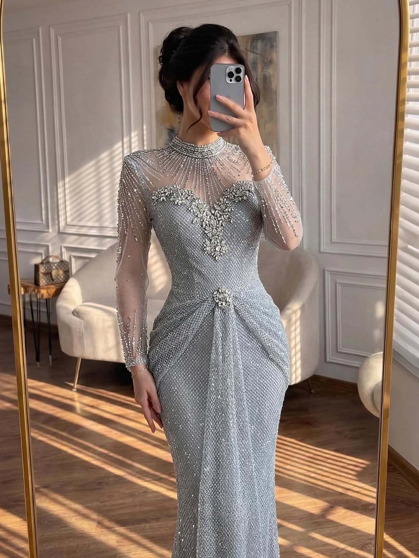 Luxury Silver Crystal Beaded Long Sleeve Evening Dress CLA73167B
