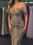 Luxury Gold Off-Shoulder Deep V Crystal Beaded Mermaid Dress CLA73167D