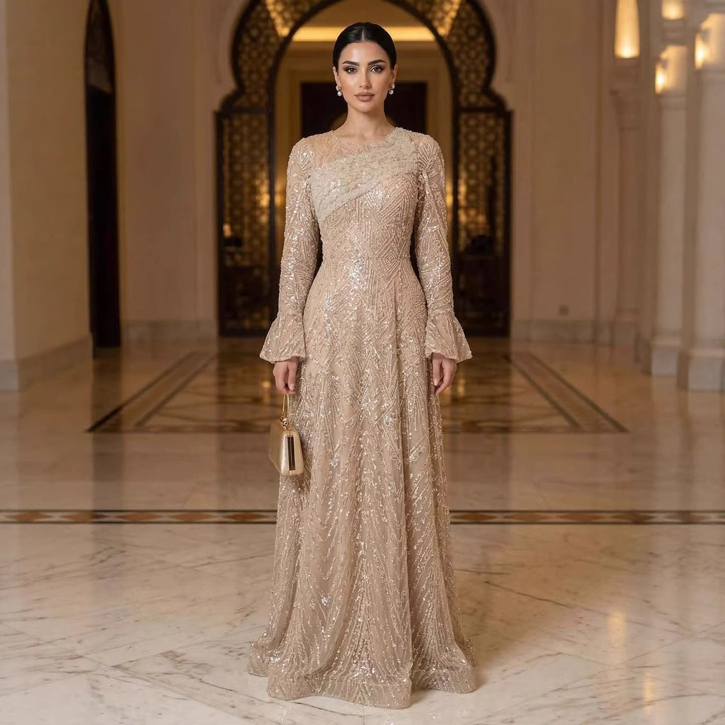 Luxury Nude Beaded A-Line Evening Dress Long Sleeves CLA73177A