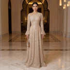 Luxury Nude Beaded A-Line Evening Dress Long Sleeves CLA73177A
