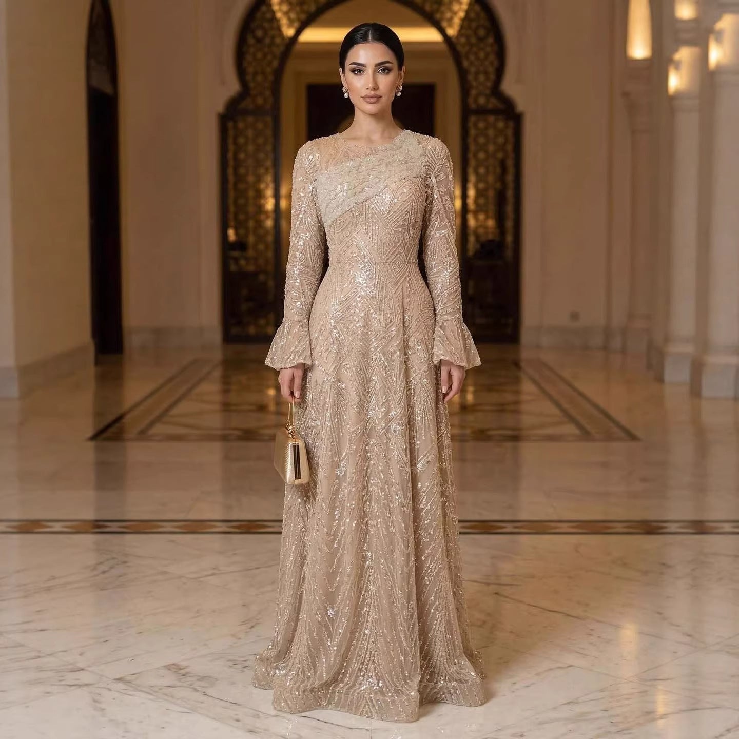 Luxury Nude Beaded A-Line Evening Dress Long Sleeves CLA73177A