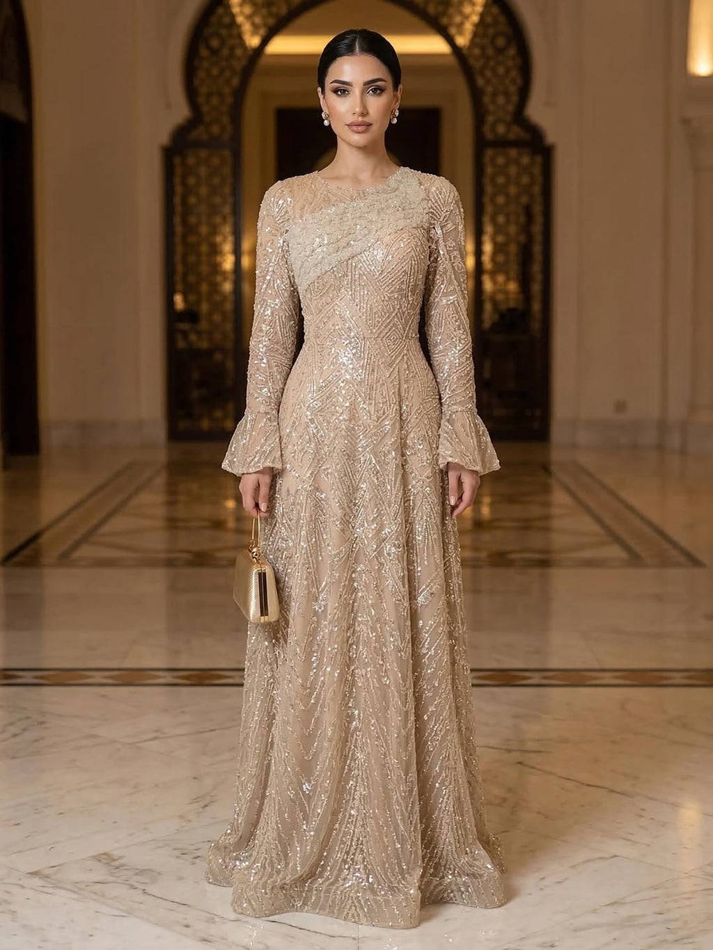 Luxury Nude Beaded A-Line Evening Dress Long Sleeves CLA73177A