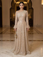 Luxury Nude Beaded A-Line Evening Dress Long Sleeves CLA73177A