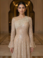 Luxury Nude Beaded A-Line Evening Dress Long Sleeves CLA73177A