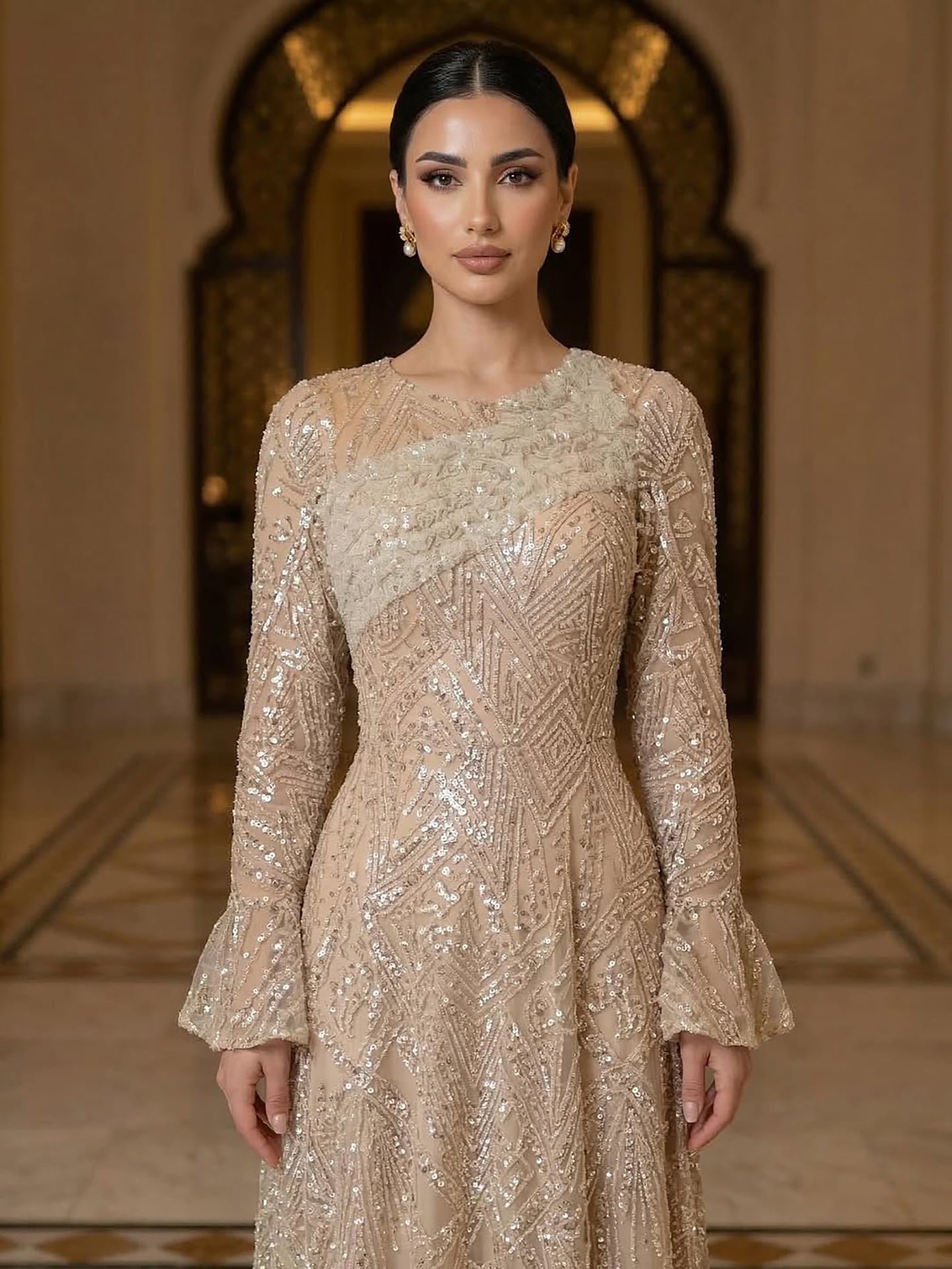 Luxury Nude Beaded A-Line Evening Dress Long Sleeves CLA73177A