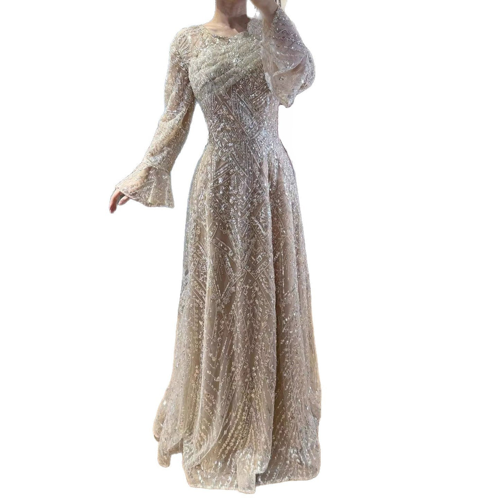 Luxury Nude Beaded A-Line Evening Dress Long Sleeves CLA73177A