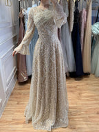 Luxury Nude Beaded A-Line Evening Dress Long Sleeves CLA73177A