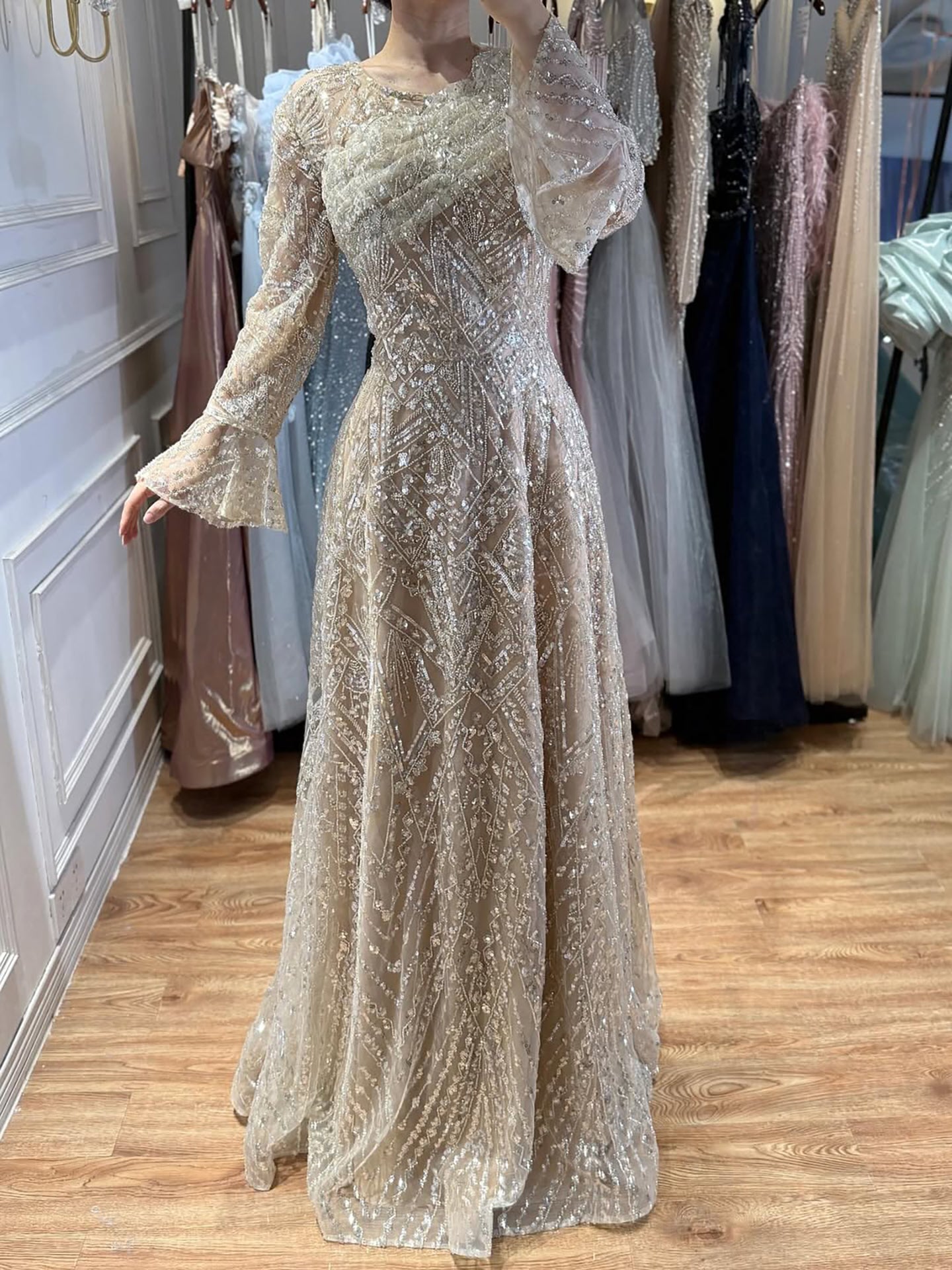 Luxury Nude Beaded A-Line Evening Dress Long Sleeves CLA73177A