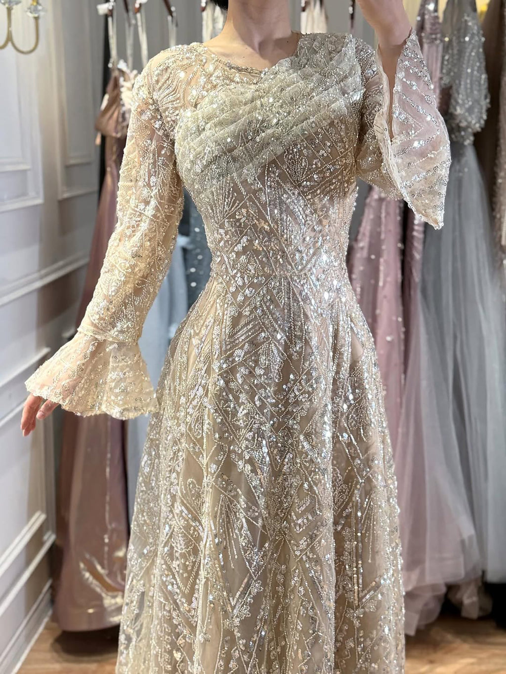 Luxury Nude Beaded A-Line Evening Dress Long Sleeves CLA73177A