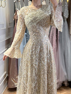 Luxury Nude Beaded A-Line Evening Dress Long Sleeves CLA73177A