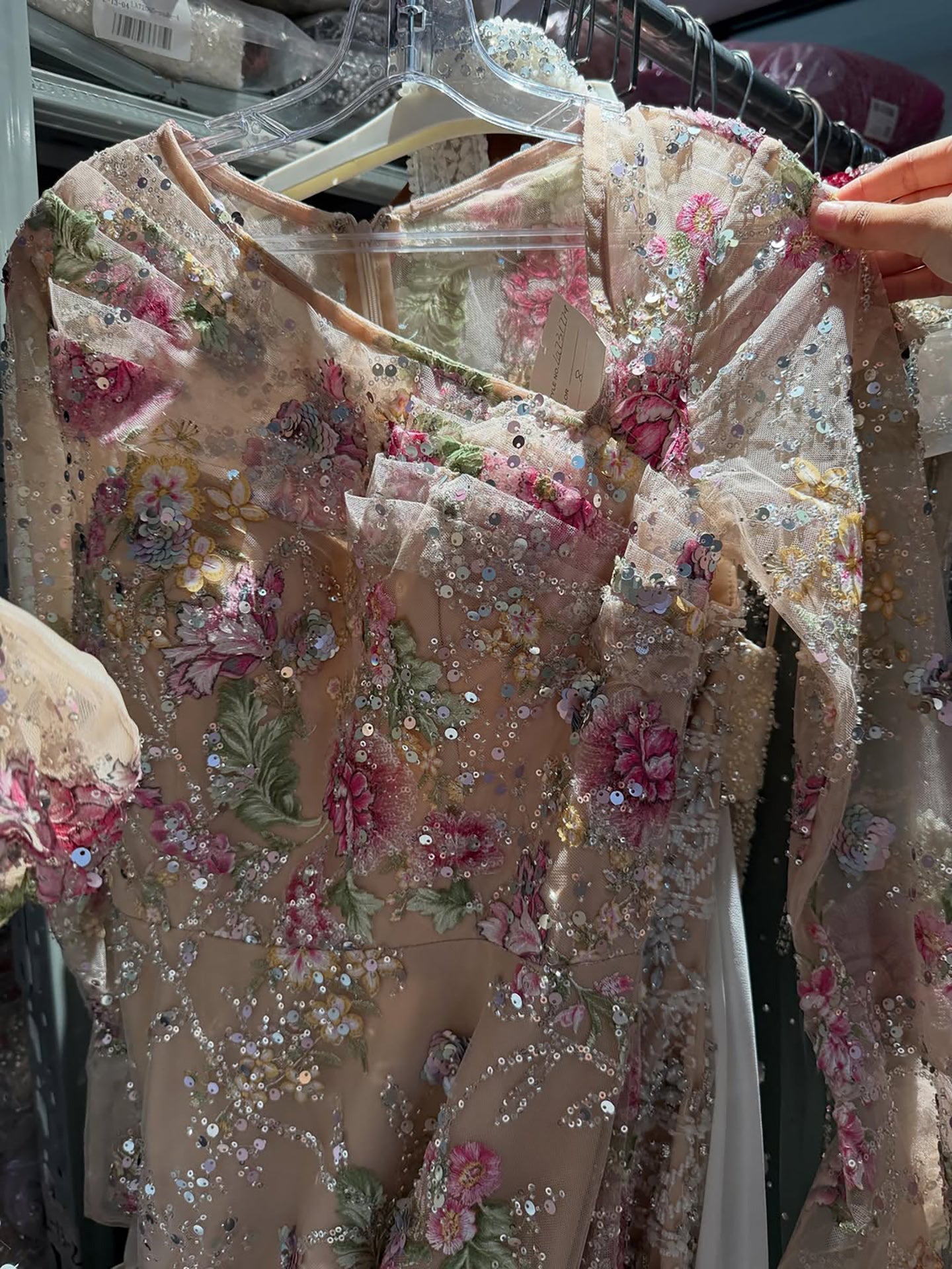 Luxury Pink Floral A-Line Evening Dress With Puffy Sleeves CLA73177B