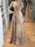 Luxury Pink Floral A-Line Evening Dress With Puffy Sleeves CLA73177B