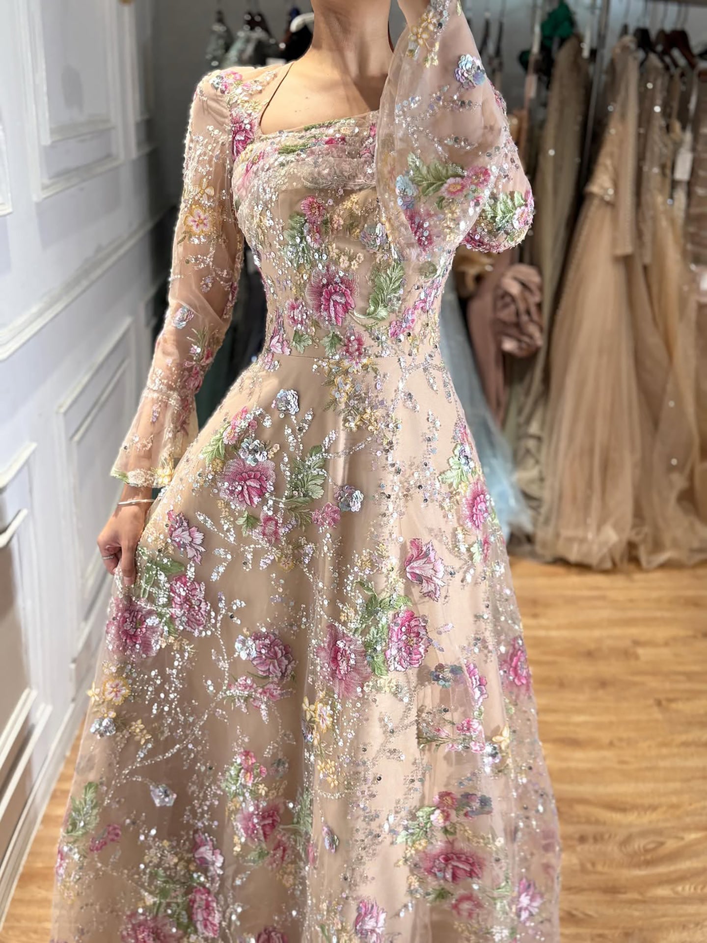 Luxury Pink Floral A-Line Evening Dress With Puffy Sleeves CLA73177B