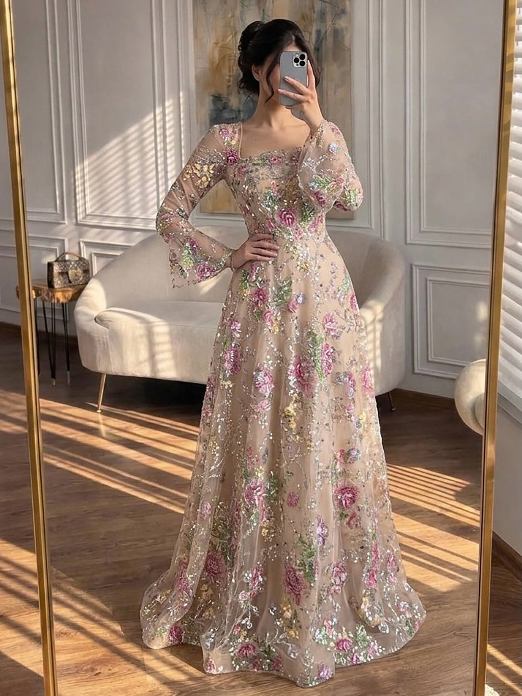 Luxury Pink Floral A-Line Evening Dress With Puffy Sleeves CLA73177B