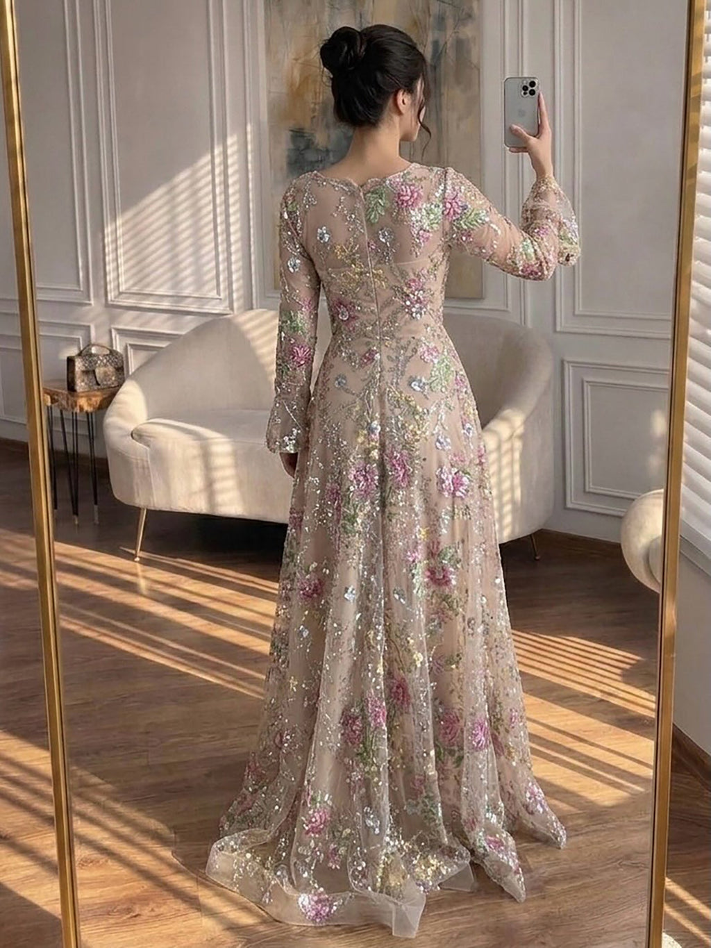 Luxury Pink Floral A-Line Evening Dress With Puffy Sleeves CLA73177B