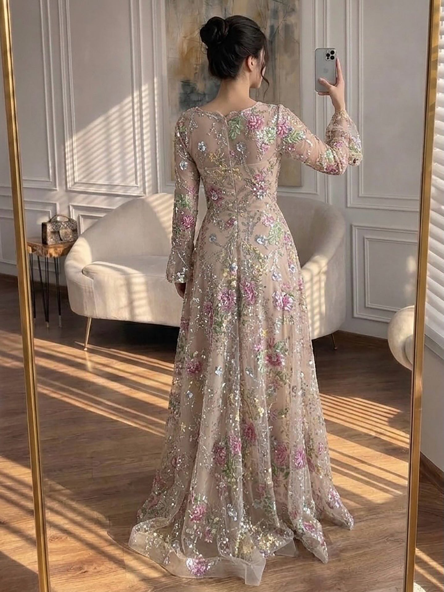 Luxury Pink Floral A-Line Evening Dress With Puffy Sleeves CLA73177B