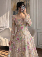 Luxury Pink Floral A-Line Evening Dress With Puffy Sleeves CLA73177B
