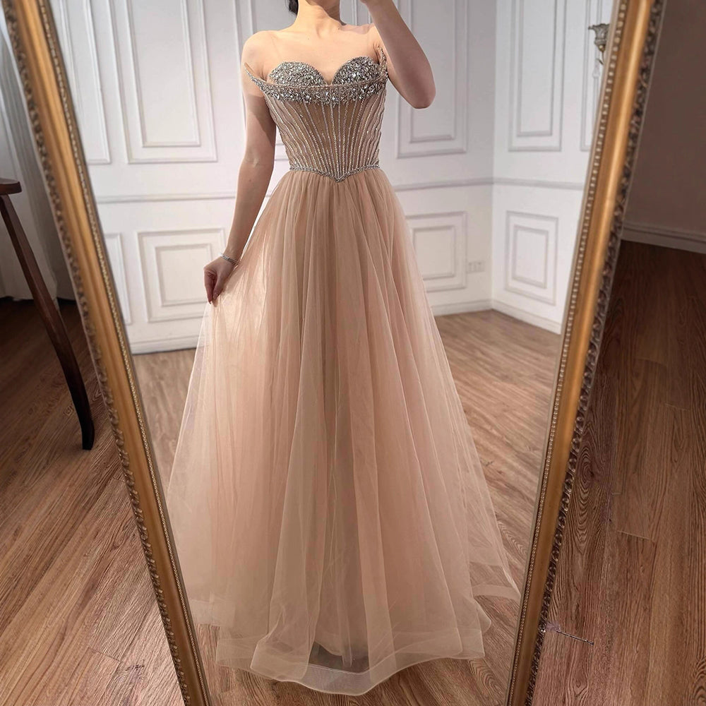 Luxury Nude Strapless A-Line Prom Dress CLA73178