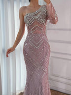 Luxury Nude One Shoulder Long Sleeve Beaded Evening Dress CLA73180