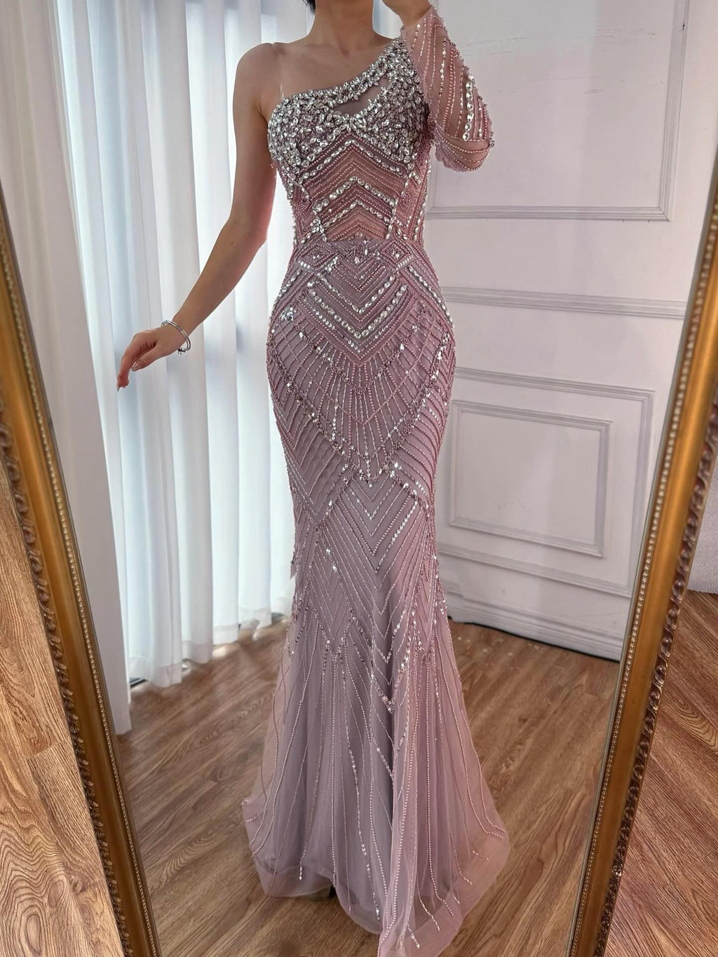 Luxury Nude One Shoulder Long Sleeve Beaded Evening Dress CLA73180