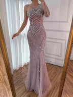 Luxury Nude One Shoulder Long Sleeve Beaded Evening Dress CLA73180